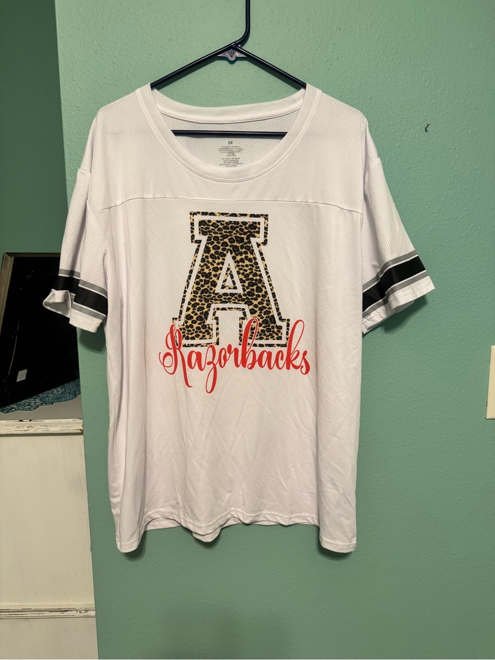 boxercraft White Tee with Leopard 'A' and Red Razorbacks Script